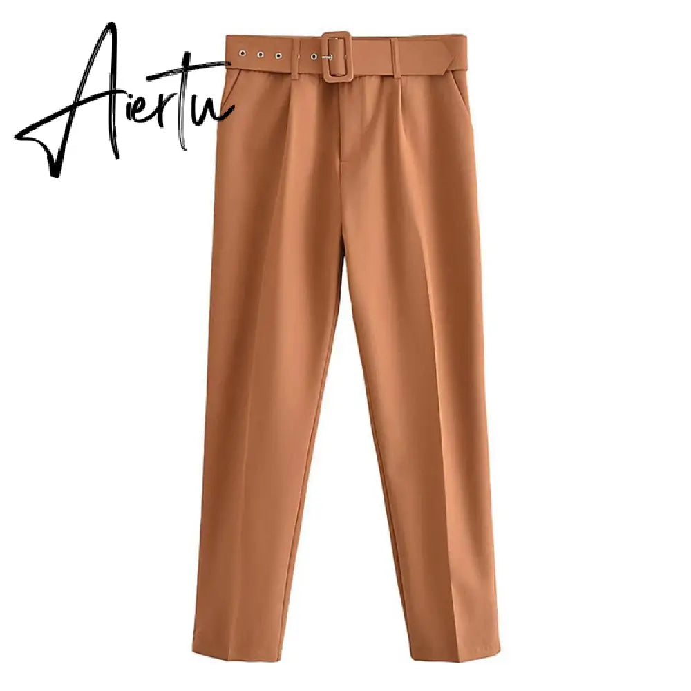 Aiertu  Women's Pants High Waist With Belt Classic Pockets Office Lady Ankle Length Trousers Female Spring Fashion Pink Harem Pants Aiertu