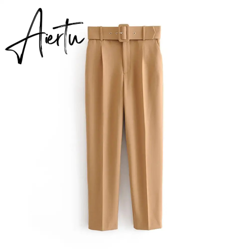 Aiertu  Women's Pants High Waist With Belt Classic Pockets Office Lady Ankle Length Trousers Female Spring Fashion Pink Harem Pants Aiertu
