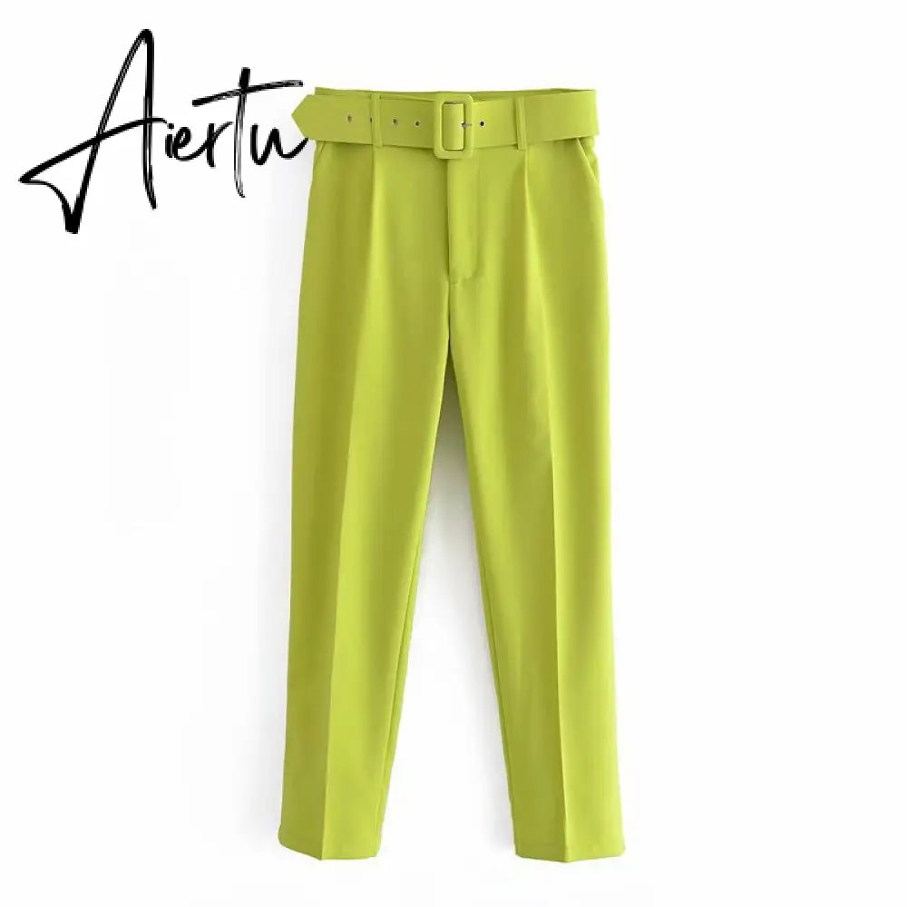 Aiertu  Women's Pants High Waist With Belt Classic Pockets Office Lady Ankle Length Trousers Female Spring Fashion Pink Harem Pants Aiertu