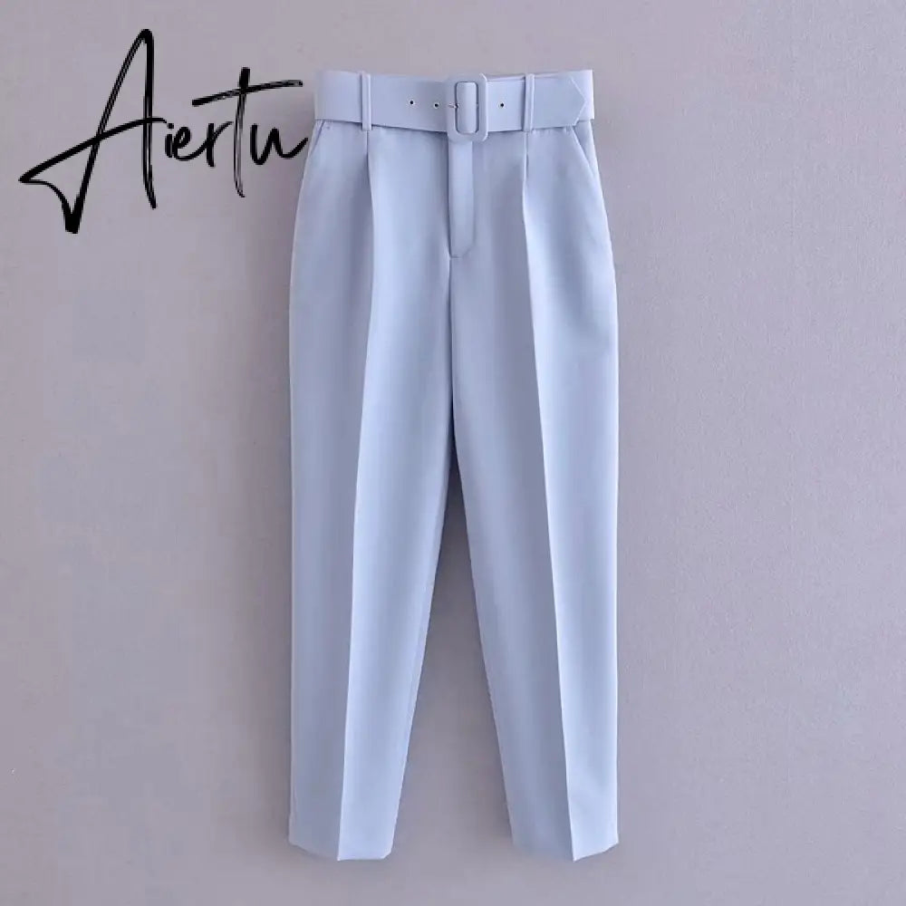 Aiertu  Women's Pants High Waist With Belt Classic Pockets Office Lady Ankle Length Trousers Female Spring Fashion Pink Harem Pants Aiertu