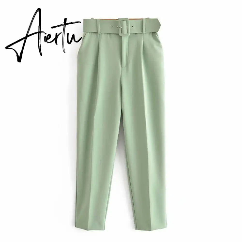 Aiertu  Women's Pants High Waist With Belt Classic Pockets Office Lady Ankle Length Trousers Female Spring Fashion Pink Harem Pants Aiertu