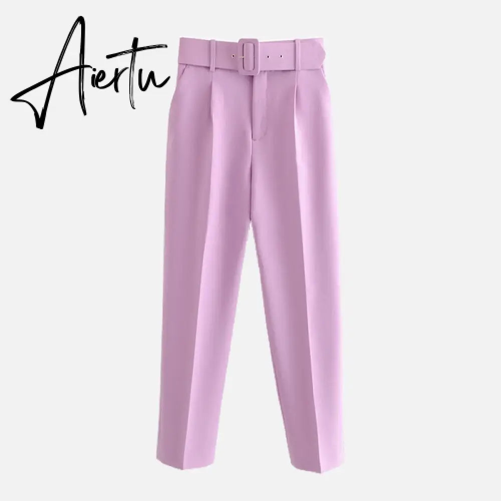 Aiertu  Women's Pants High Waist With Belt Classic Pockets Office Lady Ankle Length Trousers Female Spring Fashion Pink Harem Pants Aiertu