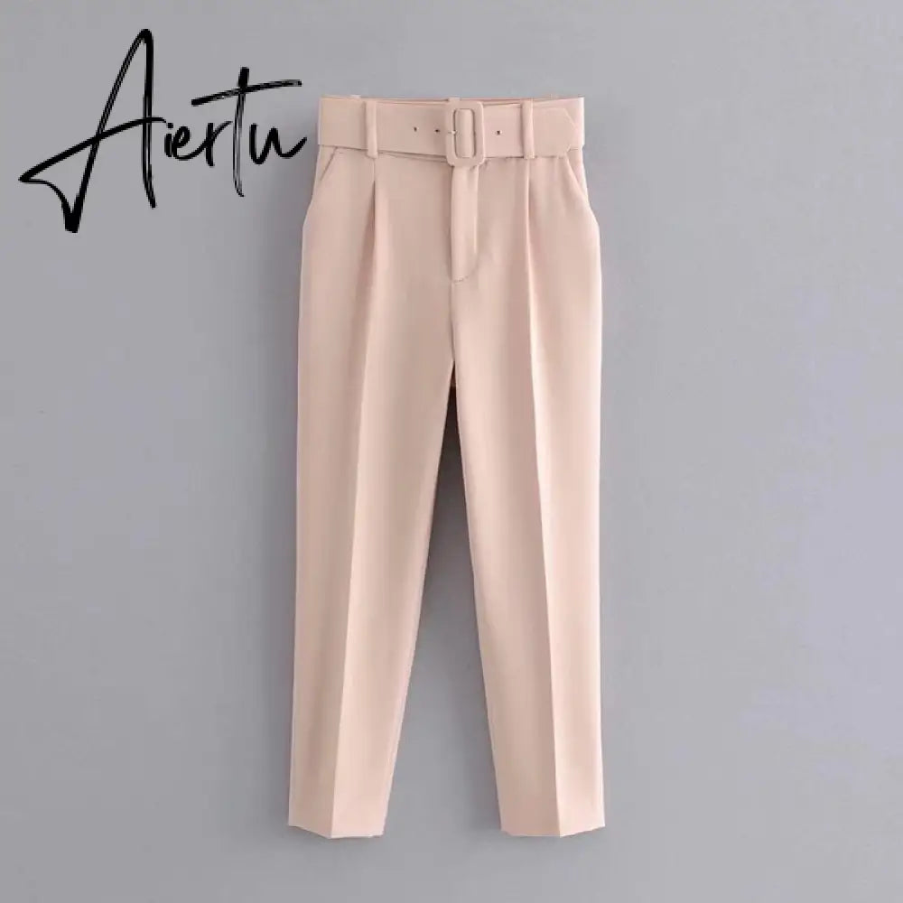 Aiertu  Women's Pants High Waist With Belt Classic Pockets Office Lady Ankle Length Trousers Female Spring Fashion Pink Harem Pants Aiertu