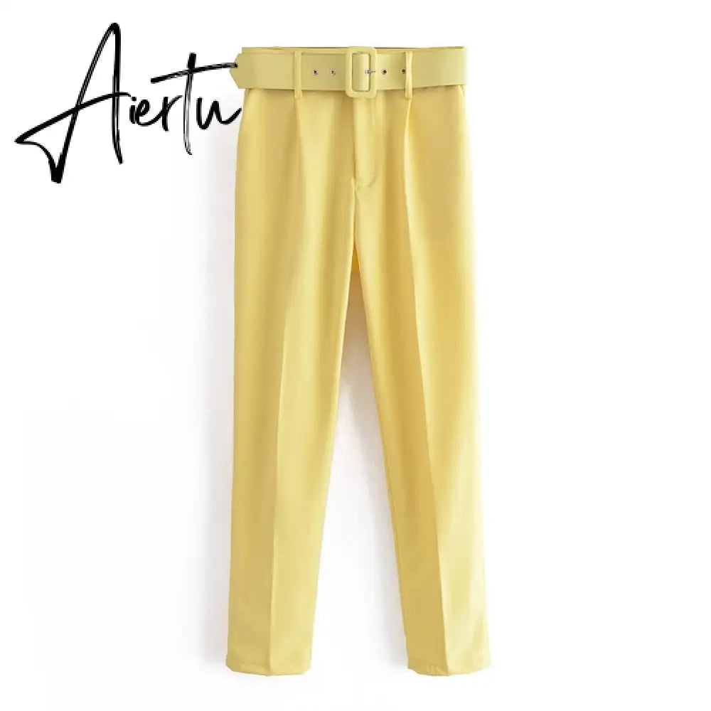 Aiertu  Women's Pants High Waist With Belt Classic Pockets Office Lady Ankle Length Trousers Female Spring Fashion Pink Harem Pants Aiertu