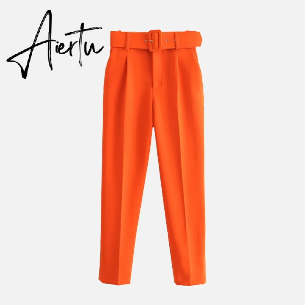 Aiertu  Women's Pants High Waist With Belt Classic Pockets Office Lady Ankle Length Trousers Female Spring Fashion Pink Harem Pants Aiertu
