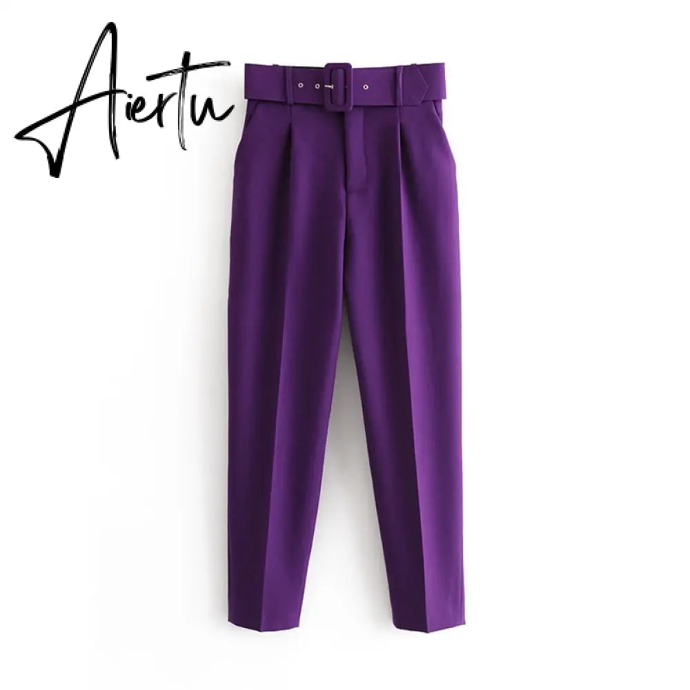 Aiertu  Women's Pants High Waist With Belt Classic Pockets Office Lady Ankle Length Trousers Female Spring Fashion Pink Harem Pants Aiertu