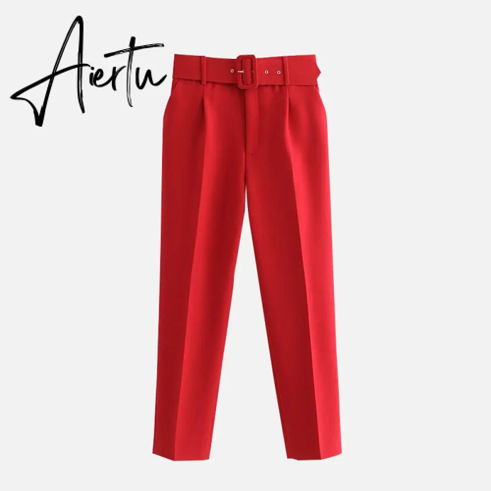 Aiertu  Women's Pants High Waist With Belt Classic Pockets Office Lady Ankle Length Trousers Female Spring Fashion Pink Harem Pants Aiertu