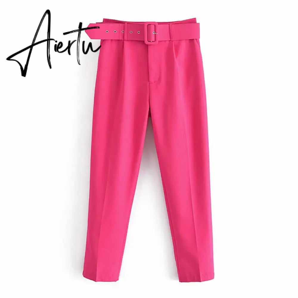Aiertu  Women's Pants High Waist With Belt Classic Pockets Office Lady Ankle Length Trousers Female Spring Fashion Pink Harem Pants Aiertu