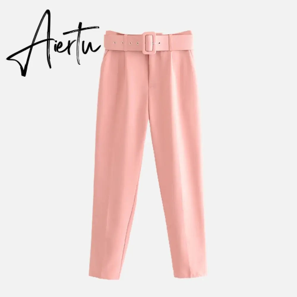 Aiertu  Women's Pants High Waist With Belt Classic Pockets Office Lady Ankle Length Trousers Female Spring Fashion Pink Harem Pants Aiertu