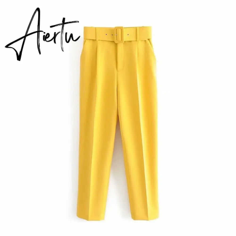 Aiertu  Women's Pants High Waist With Belt Classic Pockets Office Lady Ankle Length Trousers Female Spring Fashion Pink Harem Pants Aiertu