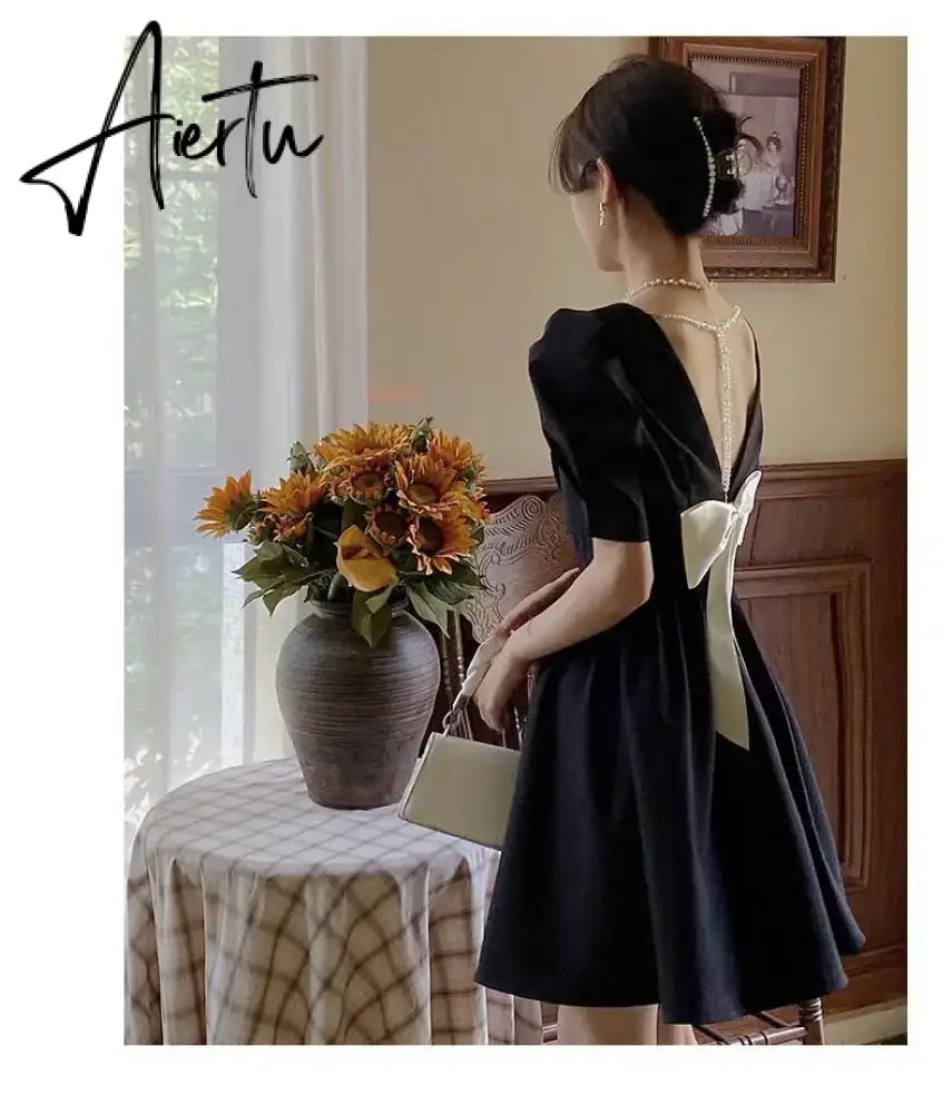 Aiertu Women's Puff Sleeve Mini Dress Backless Designer Dress Sexy Summer Dress Korean One-piece Dress Lady Party Vintage Clothes 2024 Aiertu