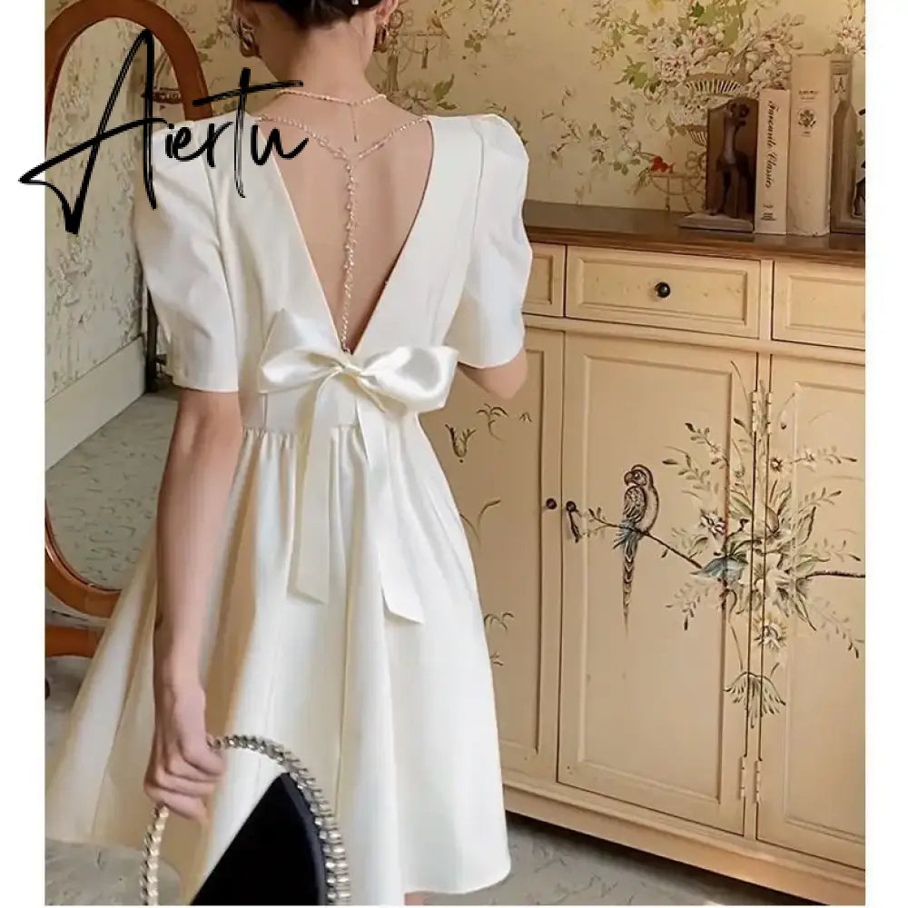 Aiertu Women's Puff Sleeve Mini Dress Backless Designer Dress Sexy Summer Dress Korean One-piece Dress Lady Party Vintage Clothes 2024 Aiertu