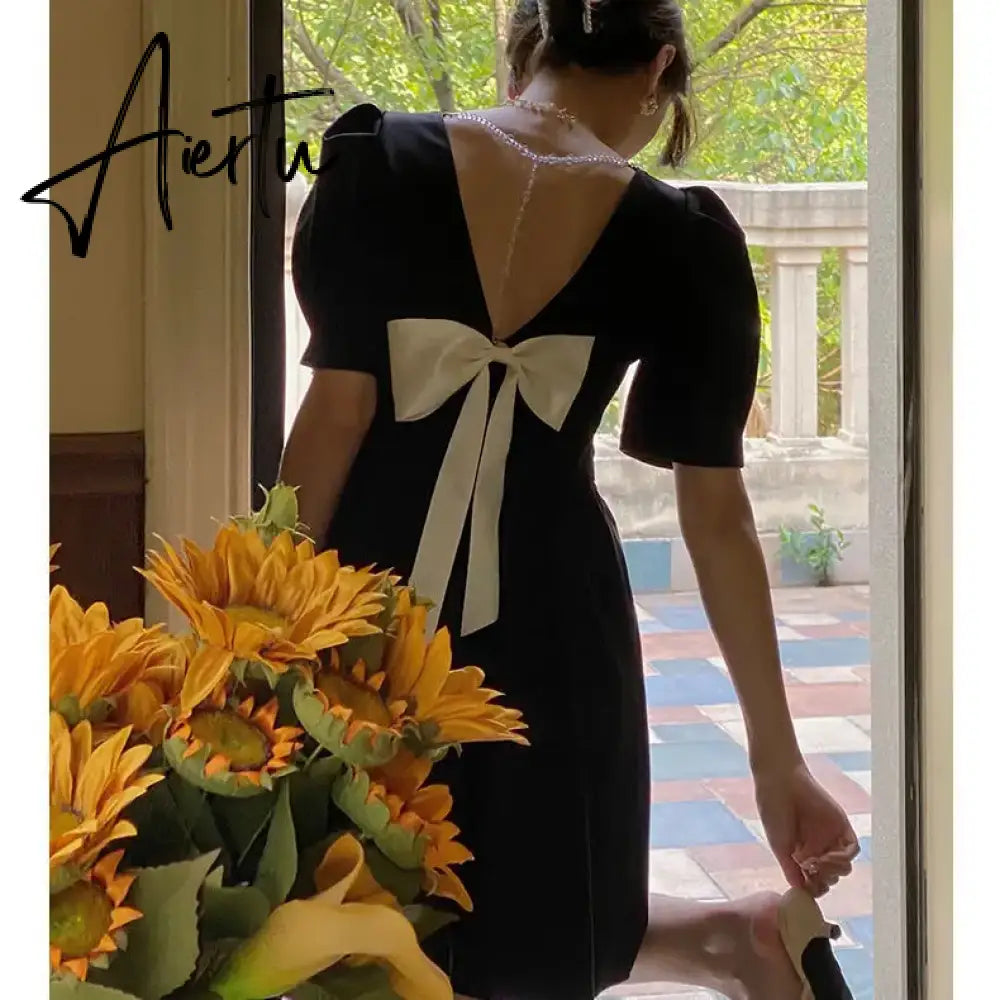 Aiertu Women's Puff Sleeve Mini Dress Backless Designer Dress Sexy Summer Dress Korean One-piece Dress Lady Party Vintage Clothes 2024 Aiertu