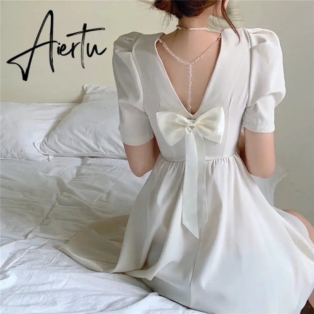 Aiertu Women's Puff Sleeve Mini Dress Backless Designer Dress Sexy Summer Dress Korean One-piece Dress Lady Party Vintage Clothes 2024 Aiertu