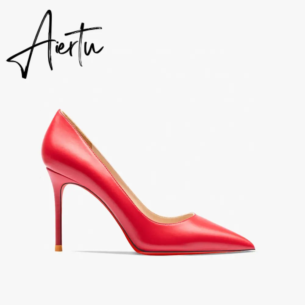 Aiertu Women's Red Shiny Bottom High Heels Brand High Heels  12 cm Sexy Matte Party Pointed Wedding Shoes Shallow Mouth Single Shoesiertu Aiertu