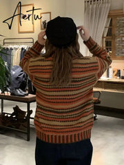 Aiertu Women's Round Neck Retro Long-Sleeved Sweater Student Tide Wear Knitted Top Korean Autumn Winter Warm Striped Pullovers ML144 Aiertu