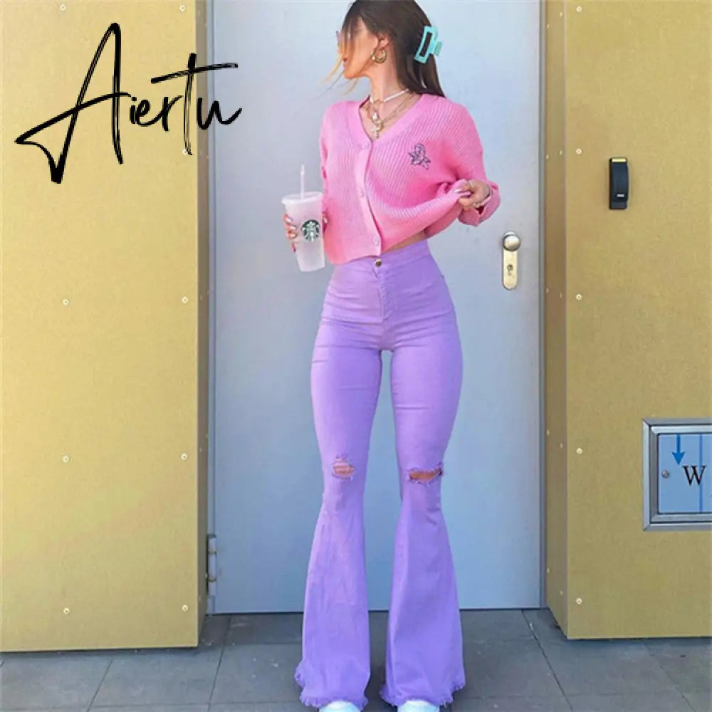 Aiertu Women's sexy Jeans Mid-Waist Ripped Solid Color Casual Wide-Leg Trousers Fashion Elastic Tight Bell Bottom Streetwear Aiertu
