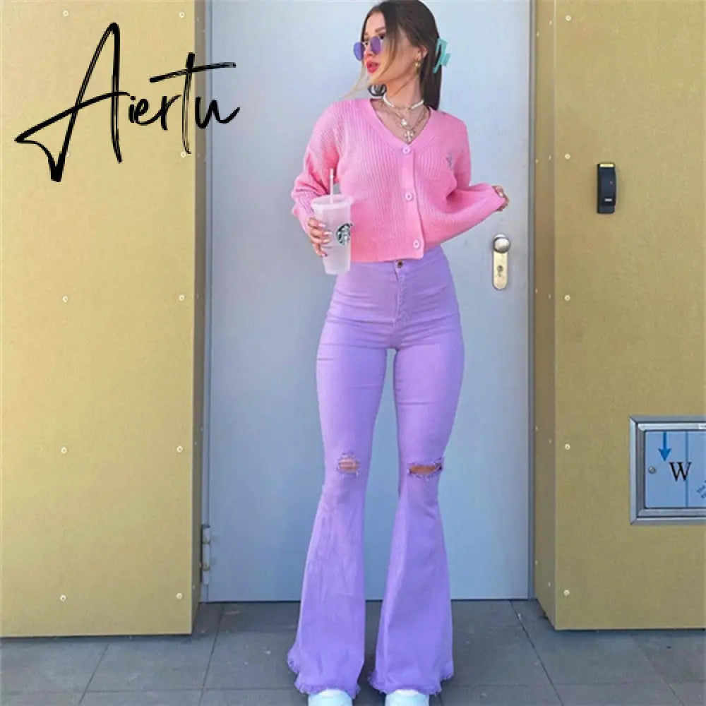 Aiertu Women's sexy Jeans Mid-Waist Ripped Solid Color Casual Wide-Leg Trousers Fashion Elastic Tight Bell Bottom Streetwear Aiertu