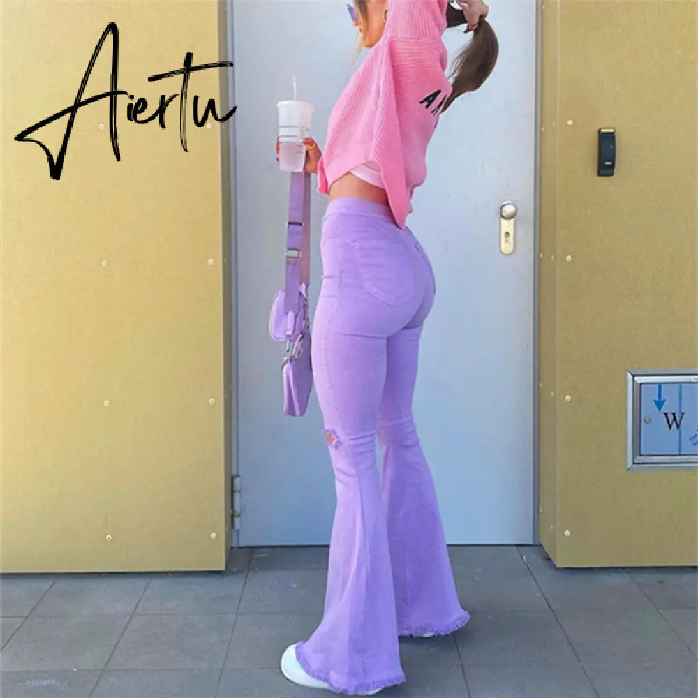 Aiertu Women's sexy Jeans Mid-Waist Ripped Solid Color Casual Wide-Leg Trousers Fashion Elastic Tight Bell Bottom Streetwear Aiertu