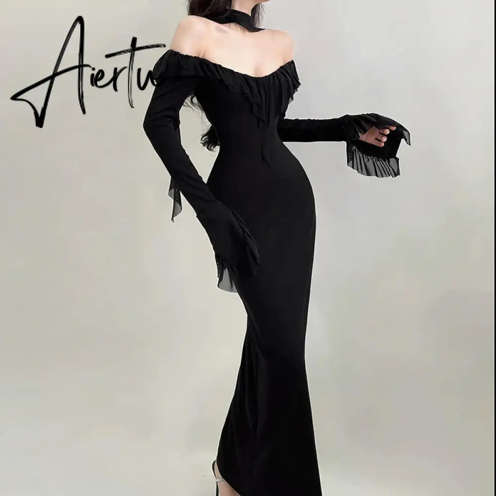 Aiertu Women's Street Style One Shoulder Long Sleeve Dress Mesh Ruffle Sleeve Ribbon Long Dress Spring New Aiertu