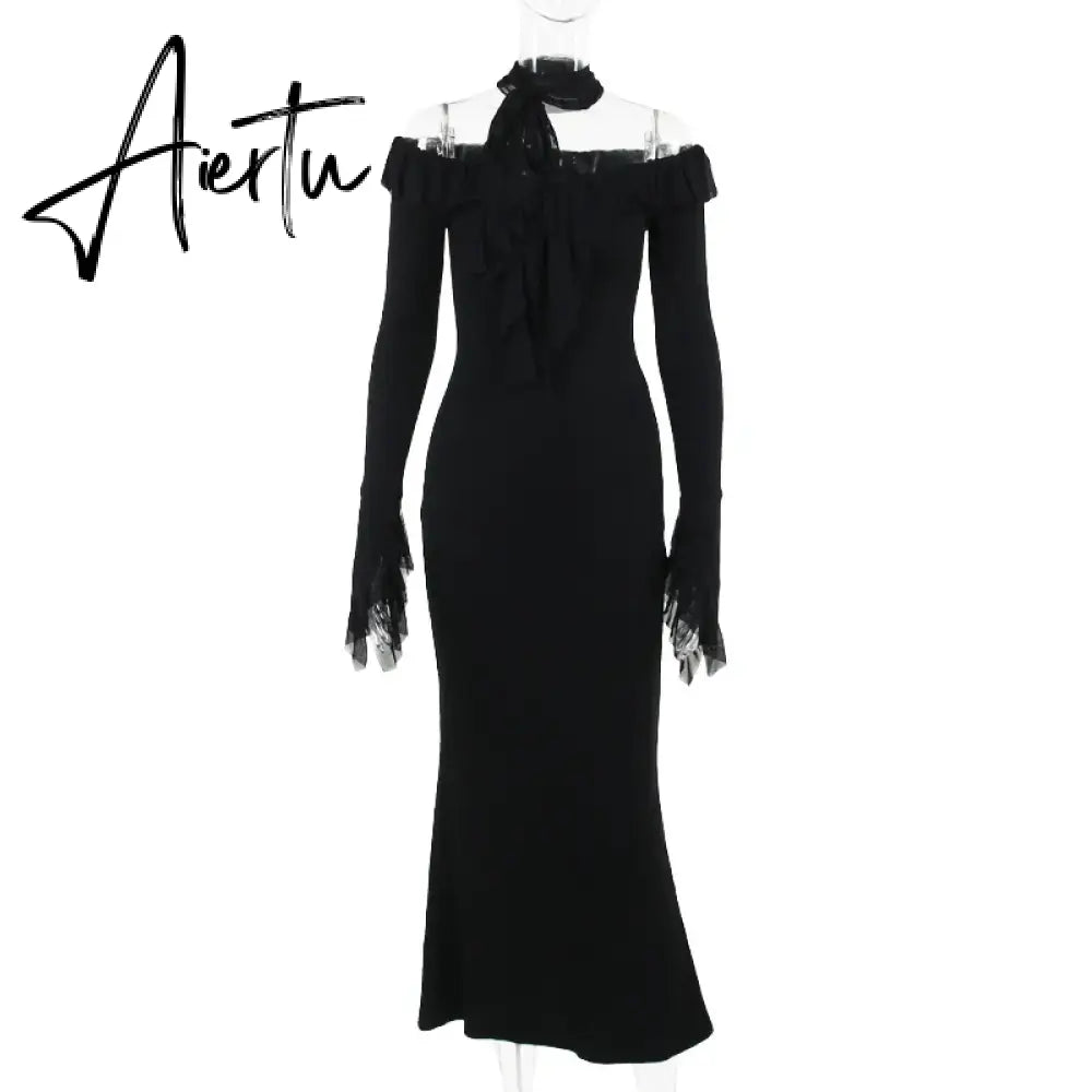 Aiertu Women's Street Style One Shoulder Long Sleeve Dress Mesh Ruffle Sleeve Ribbon Long Dress Spring New Aiertu