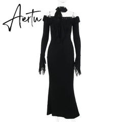 Aiertu Women's Street Style One Shoulder Long Sleeve Dress Mesh Ruffle Sleeve Ribbon Long Dress Spring New Aiertu