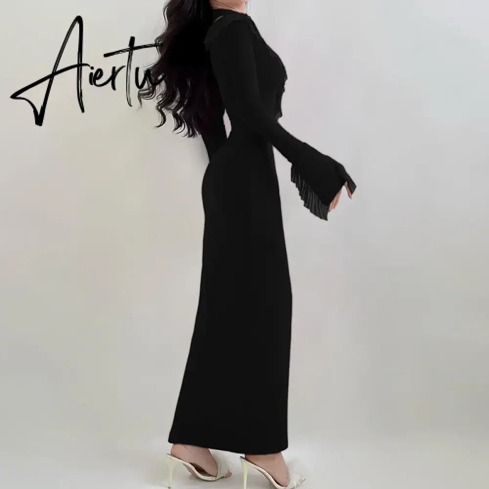 Aiertu Women's Street Style One Shoulder Long Sleeve Dress Mesh Ruffle Sleeve Ribbon Long Dress Spring New Aiertu