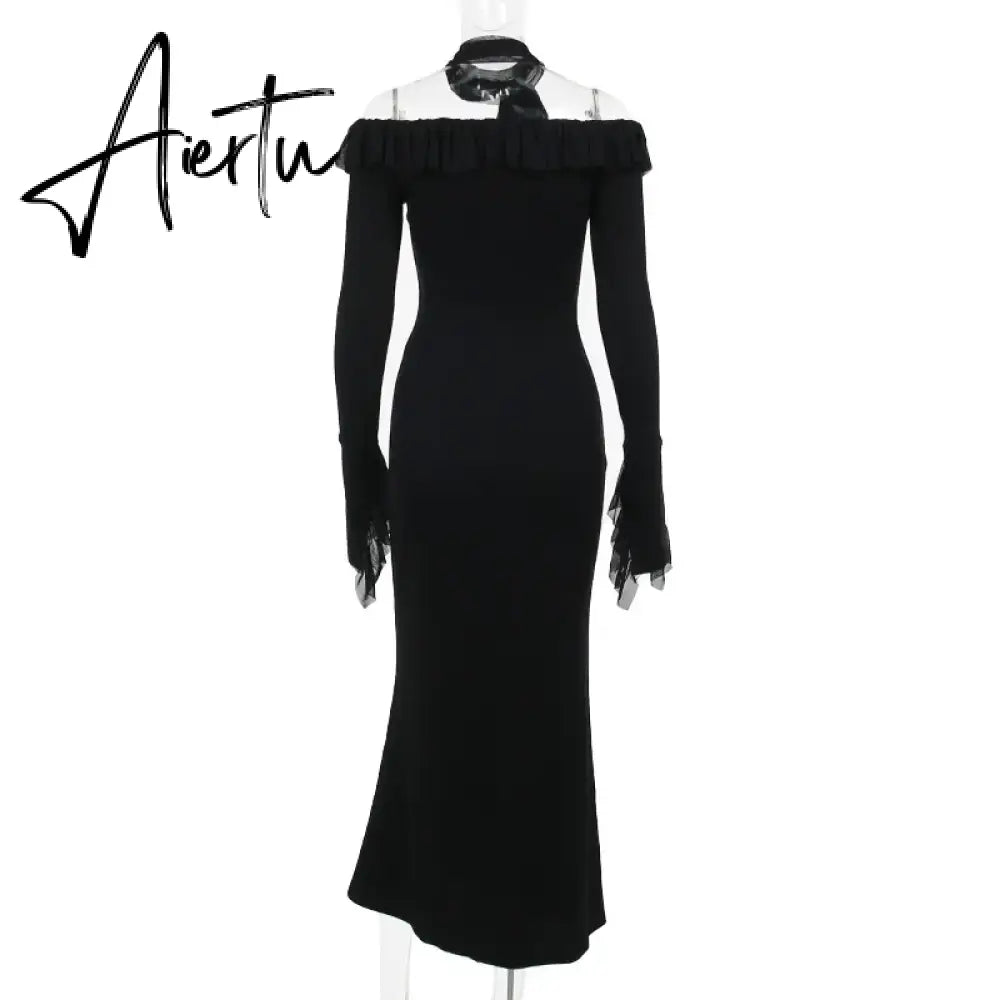 Aiertu Women's Street Style One Shoulder Long Sleeve Dress Mesh Ruffle Sleeve Ribbon Long Dress Spring New Aiertu