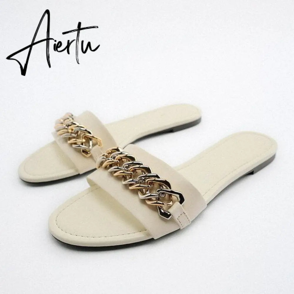 Aiertu Women's Summer Gold Kbot Flat Sandal Sexy Thin Straps Luxury Slippers Square Toe Flip Flops Casual Beach Flats Aiertu