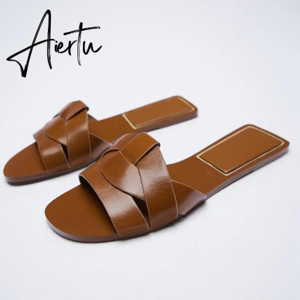Aiertu Women's Summer Gold Kbot Flat Sandal Sexy Thin Straps Luxury Slippers Square Toe Flip Flops Casual Beach Flats Aiertu