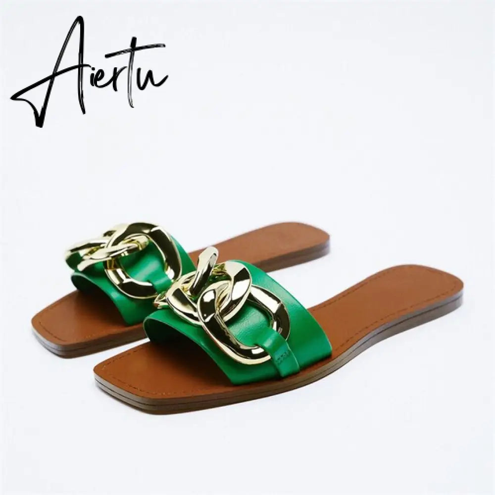 Aiertu Women's Summer Gold Kbot Flat Sandal Sexy Thin Straps Luxury Slippers Square Toe Flip Flops Casual Beach Flats Aiertu