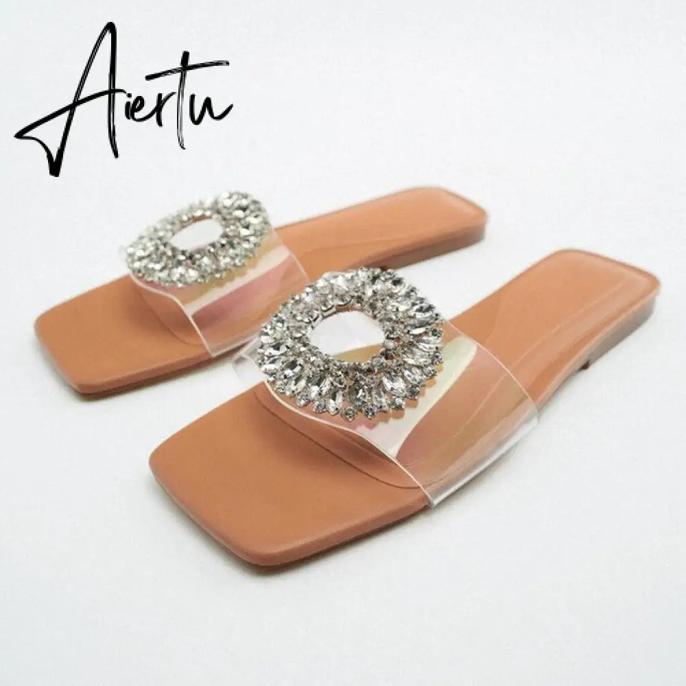 Aiertu Women's Summer Gold Kbot Flat Sandal Sexy Thin Straps Luxury Slippers Square Toe Flip Flops Casual Beach Flats Aiertu