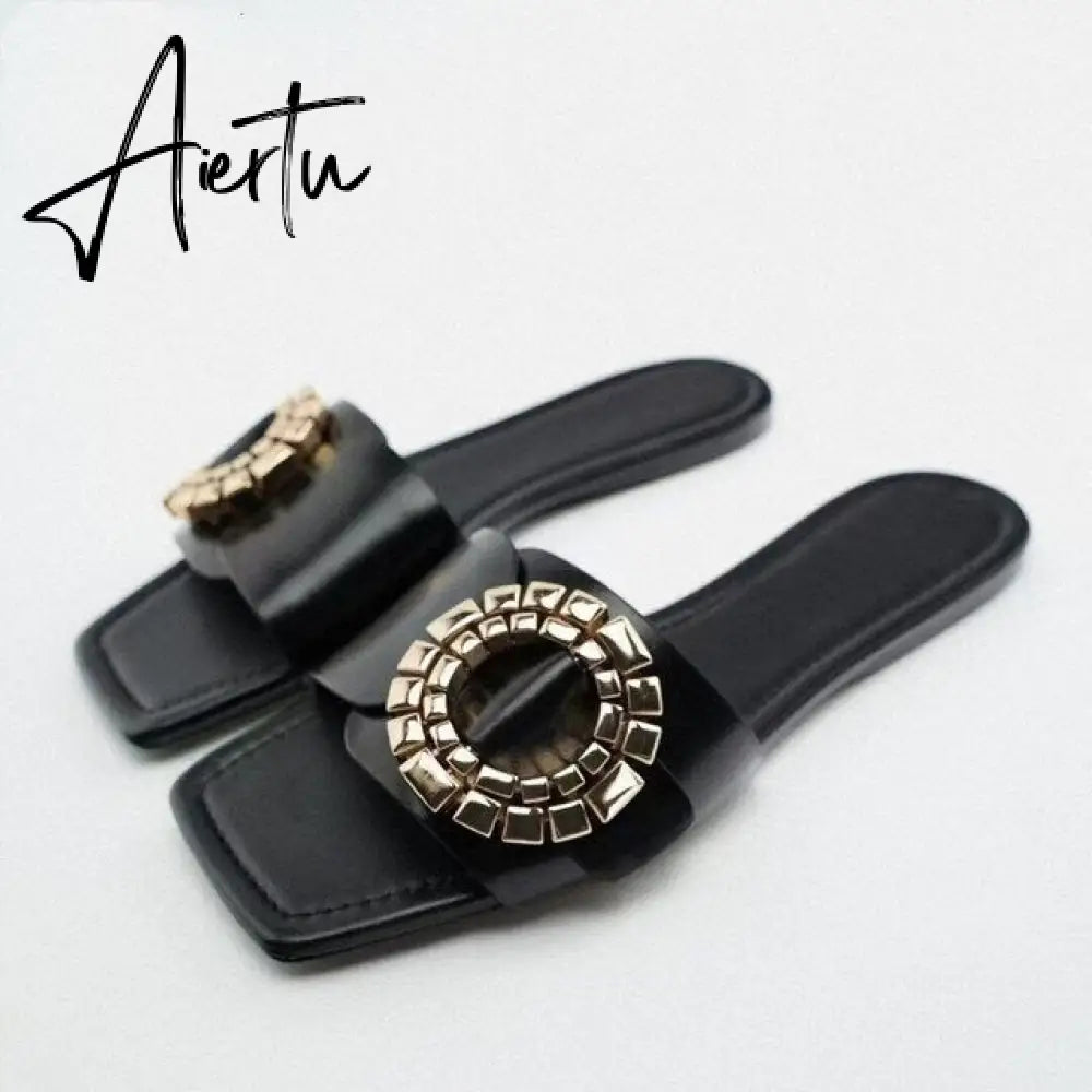 Aiertu Women's Summer Gold Kbot Flat Sandal Sexy Thin Straps Luxury Slippers Square Toe Flip Flops Casual Beach Flats Aiertu
