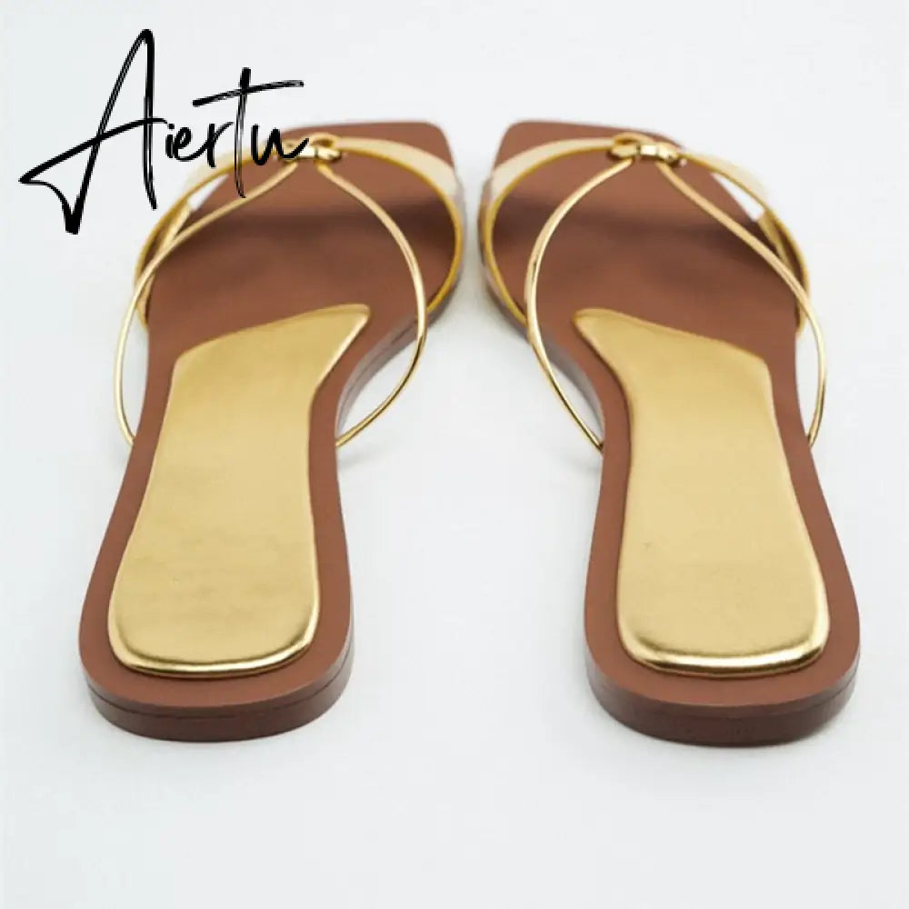 Aiertu Women's Summer Gold Kbot Flat Sandal Sexy Thin Straps Luxury Slippers Square Toe Flip Flops Casual Beach Flats Aiertu
