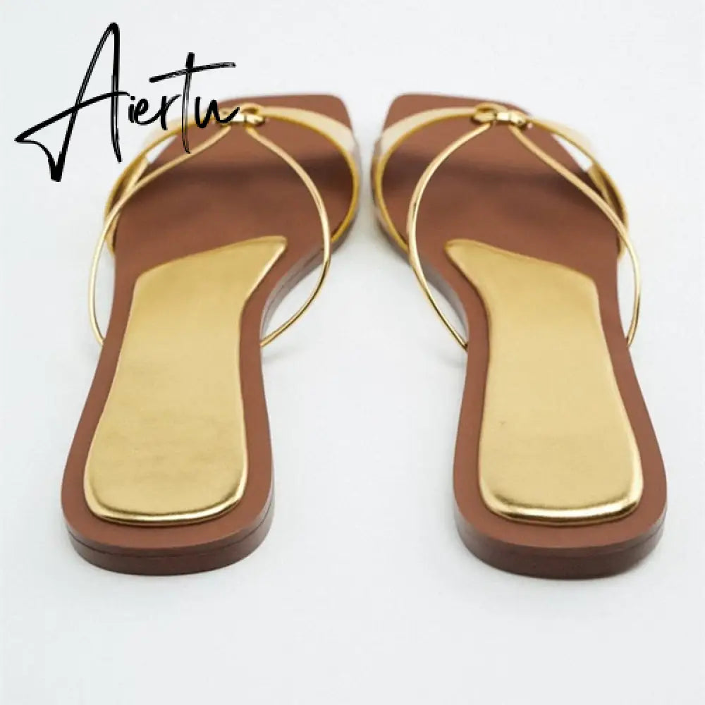 Aiertu Women's Summer Gold Kbot Flat Sandal Sexy Thin Straps Luxury Slippers Square Toe Flip Flops Casual Beach Flats Aiertu