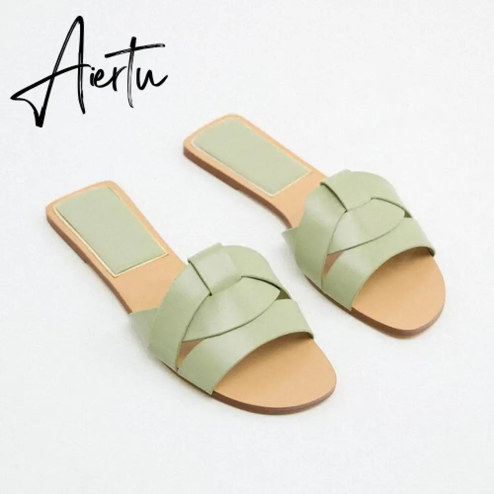Aiertu Women's Summer Gold Kbot Flat Sandal Sexy Thin Straps Luxury Slippers Square Toe Flip Flops Casual Beach Flats Aiertu