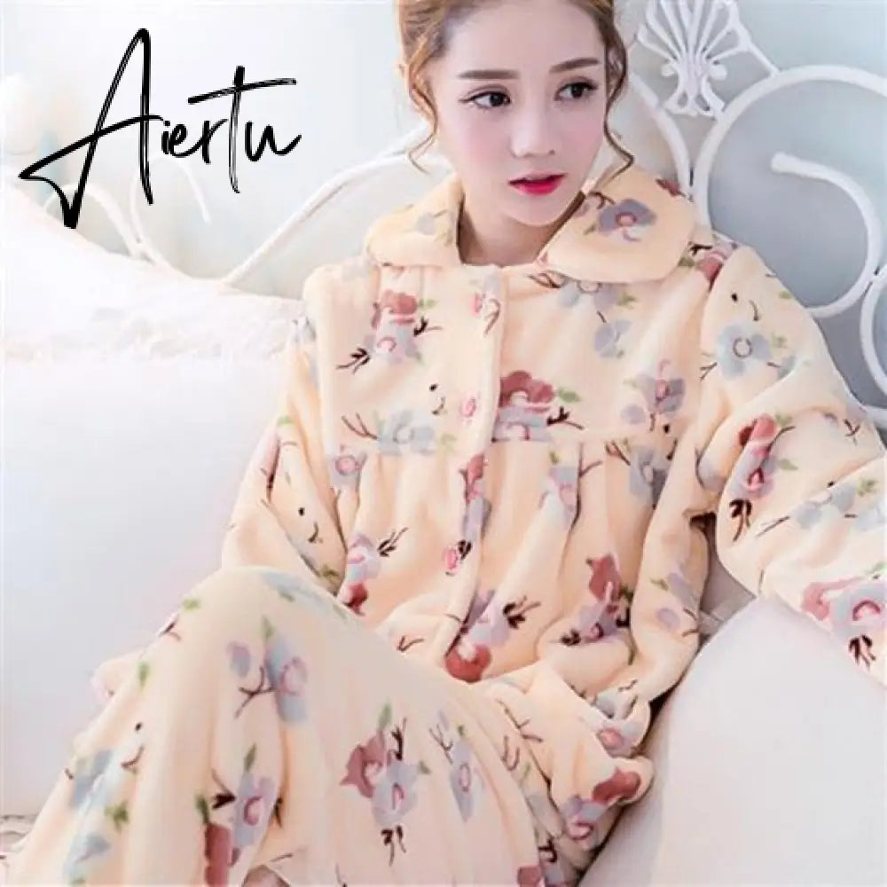 Aiertu Women's Winter Pajamas Set Turn-down Collar Sexy Flower Embroidery Sleepwear Warm Flannel Pajama Casual Mom Big Size Homewear Aiertu