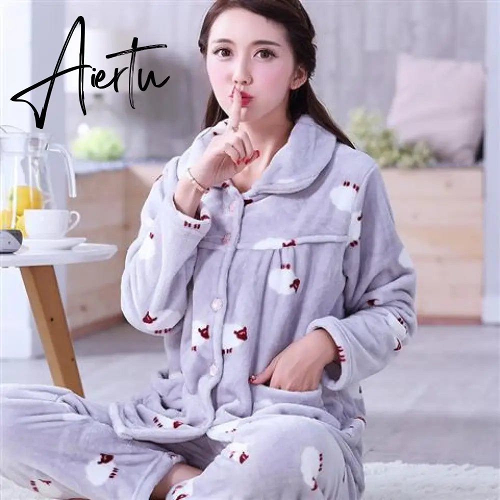 Aiertu Women's Winter Pajamas Set Turn-down Collar Sexy Flower Embroidery Sleepwear Warm Flannel Pajama Casual Mom Big Size Homewear Aiertu
