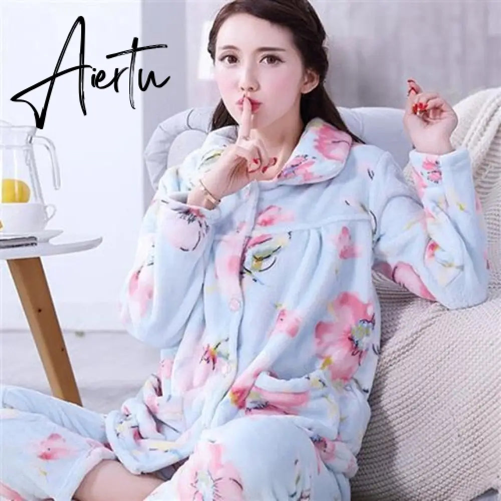 Aiertu Women's Winter Pajamas Set Turn-down Collar Sexy Flower Embroidery Sleepwear Warm Flannel Pajama Casual Mom Big Size Homewear Aiertu