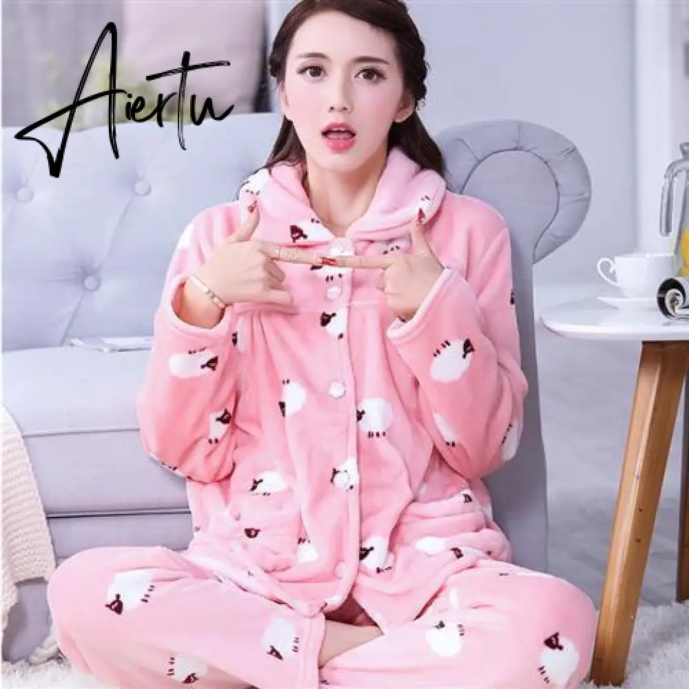 Aiertu Women's Winter Pajamas Set Turn-down Collar Sexy Flower Embroidery Sleepwear Warm Flannel Pajama Casual Mom Big Size Homewear Aiertu