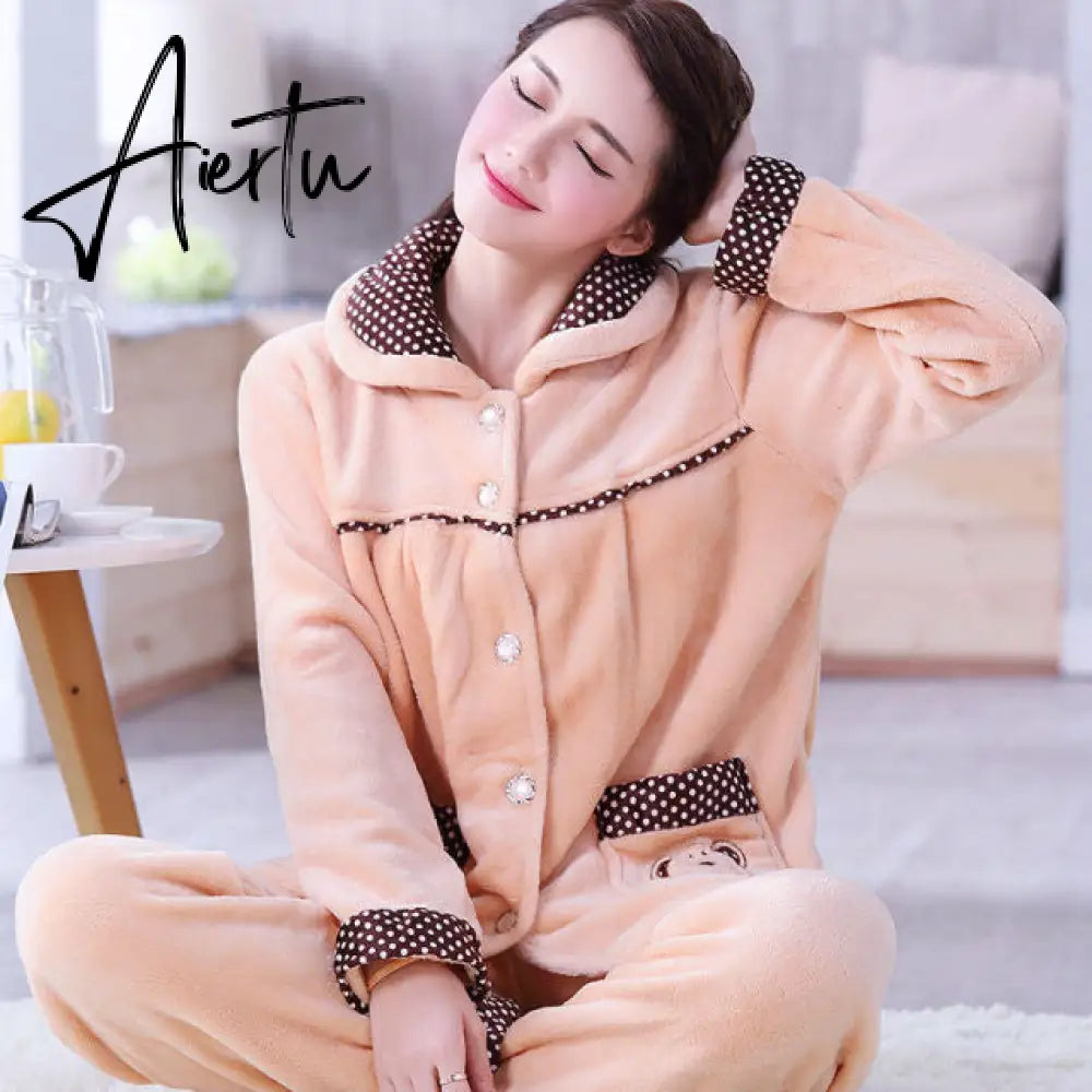 Aiertu Women's Winter Pajamas Set Turn-down Collar Sexy Flower Embroidery Sleepwear Warm Flannel Pajama Casual Mom Big Size Homewear Aiertu