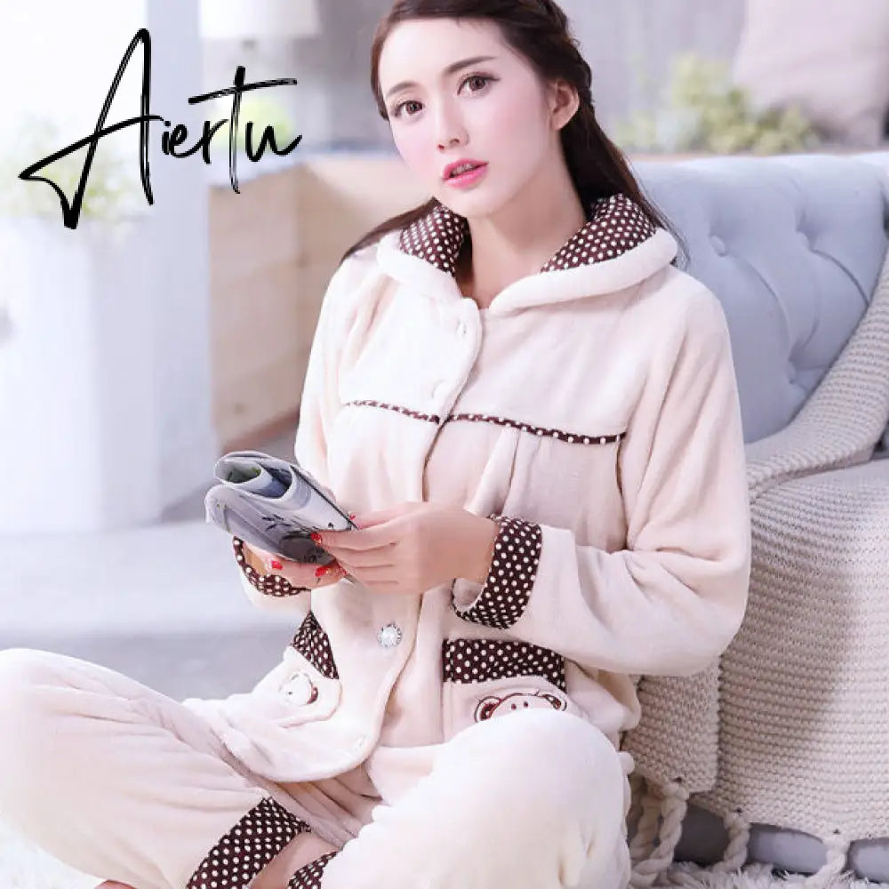 Aiertu Women's Winter Pajamas Set Turn-down Collar Sexy Flower Embroidery Sleepwear Warm Flannel Pajama Casual Mom Big Size Homewear Aiertu