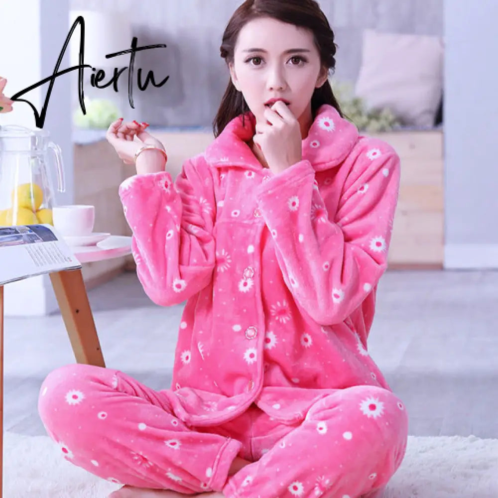 Aiertu Women's Winter Pajamas Set Turn-down Collar Sexy Flower Embroidery Sleepwear Warm Flannel Pajama Casual Mom Big Size Homewear Aiertu