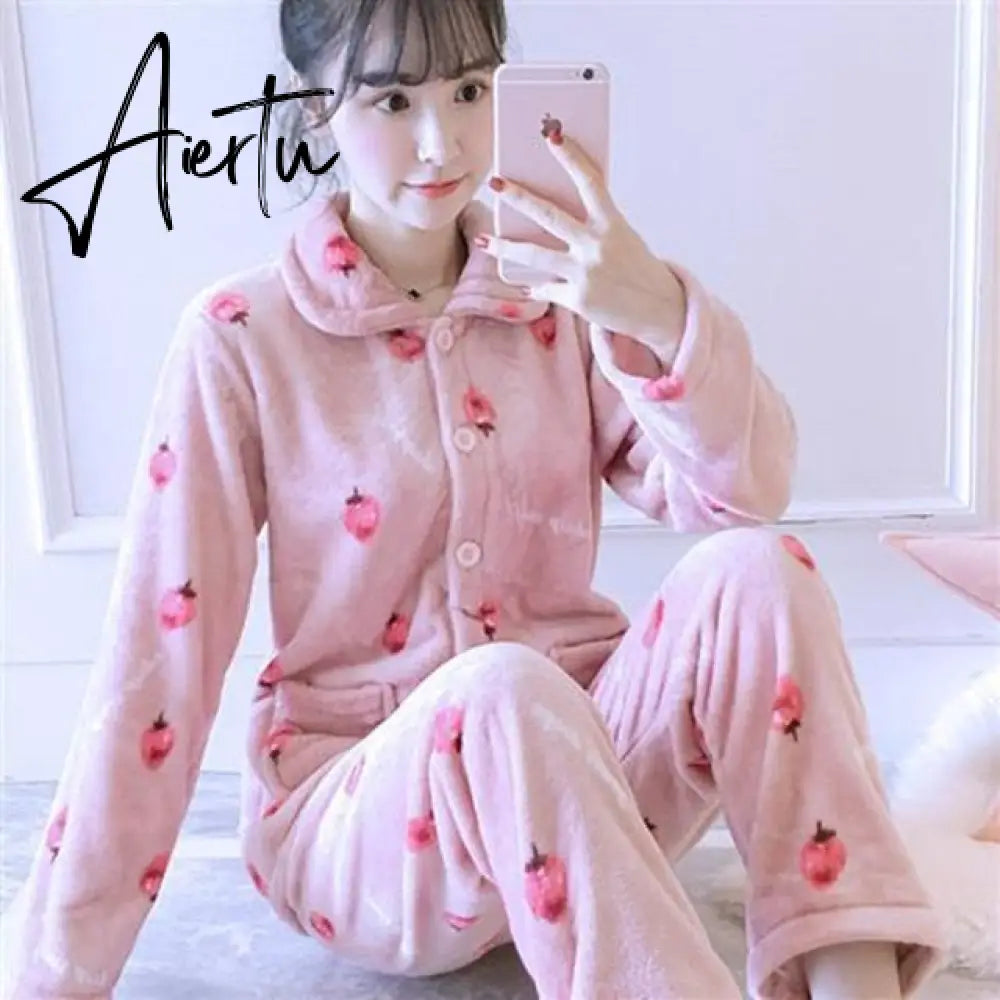 Aiertu Women's Winter Pajamas Set Turn-down Collar Sexy Flower Embroidery Sleepwear Warm Flannel Pajama Casual Mom Big Size Homewear Aiertu