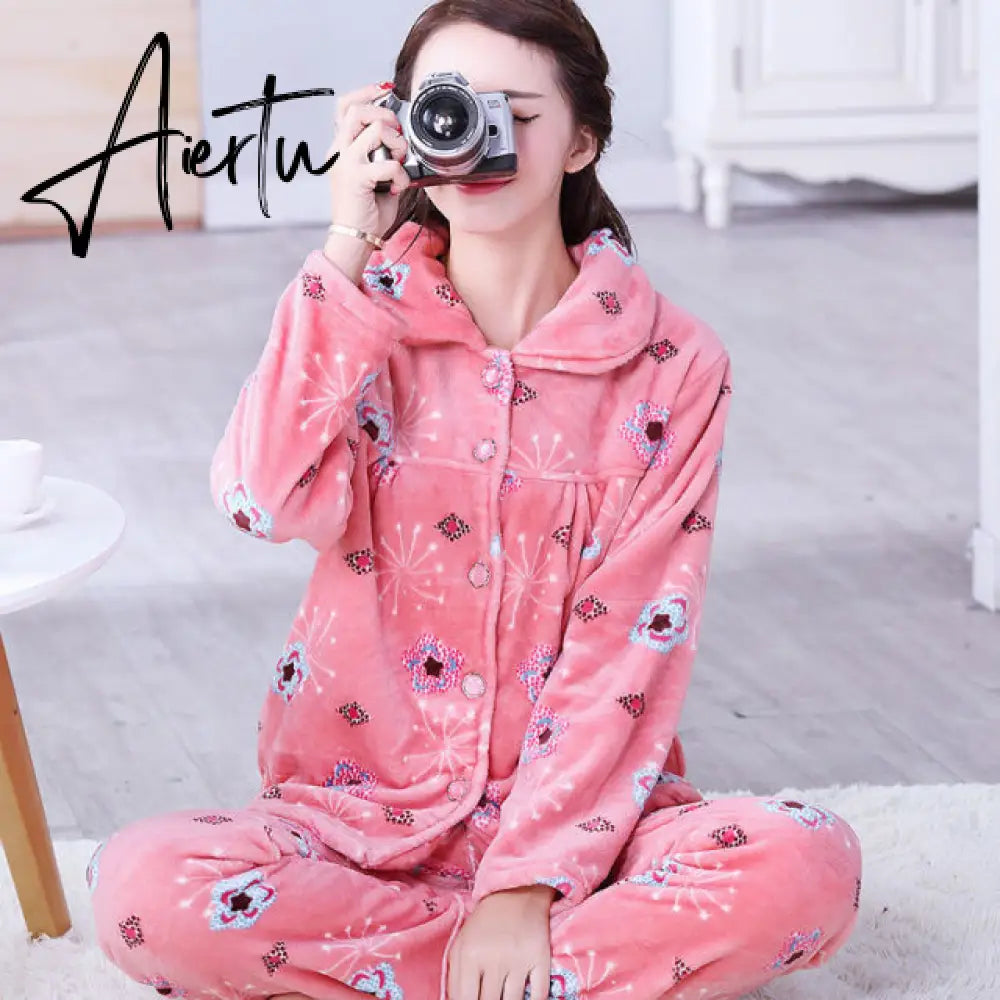 Aiertu Women's Winter Pajamas Set Turn-down Collar Sexy Flower Embroidery Sleepwear Warm Flannel Pajama Casual Mom Big Size Homewear Aiertu