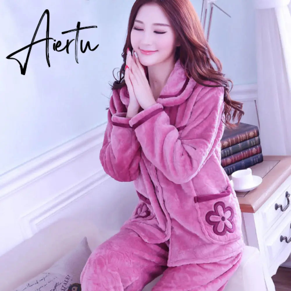 Aiertu Women's Winter Pajamas Set Turn-down Collar Sexy Flower Embroidery Sleepwear Warm Flannel Pajama Casual Mom Big Size Homewear Aiertu