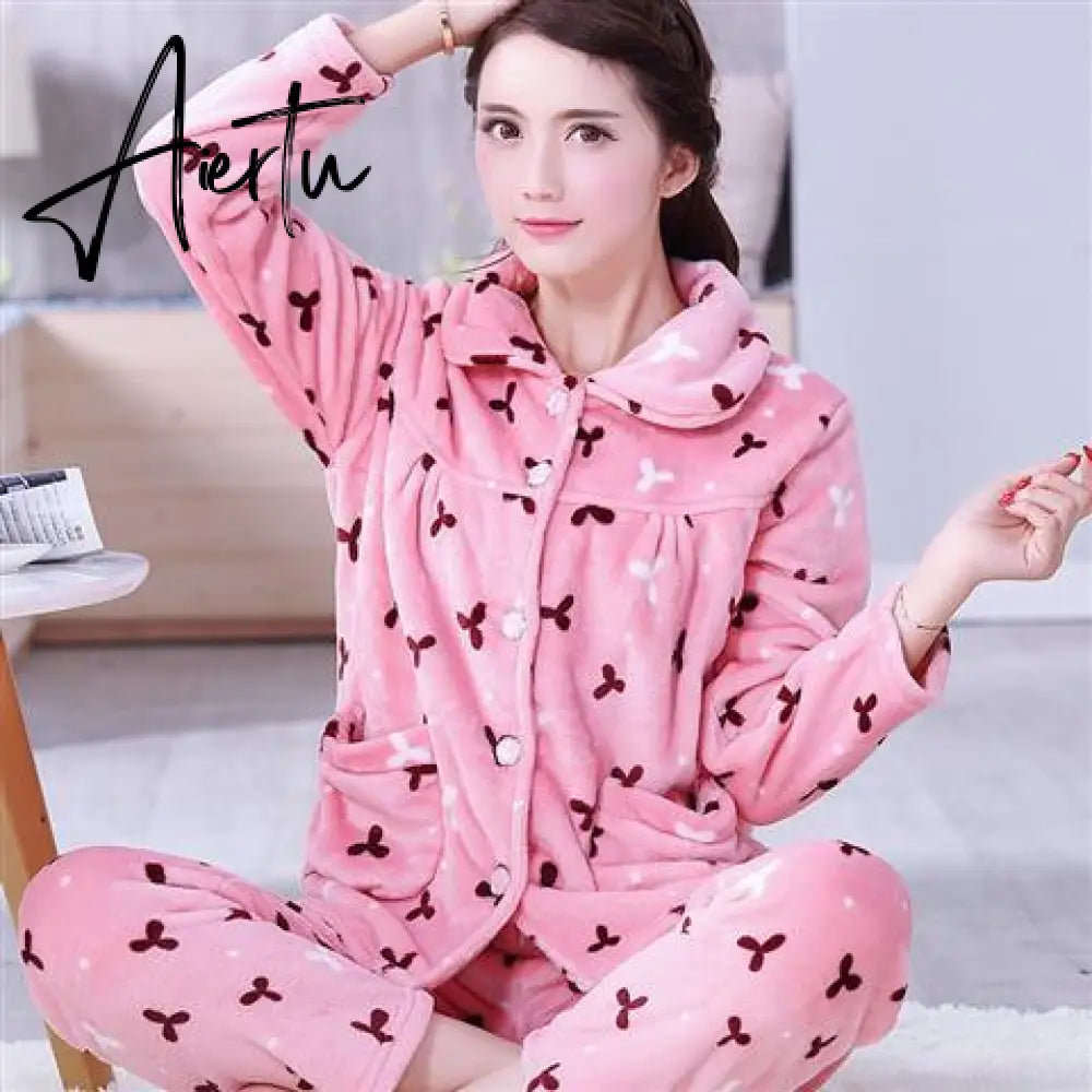 Aiertu Women's Winter Pajamas Set Turn-down Collar Sexy Flower Embroidery Sleepwear Warm Flannel Pajama Casual Mom Big Size Homewear Aiertu