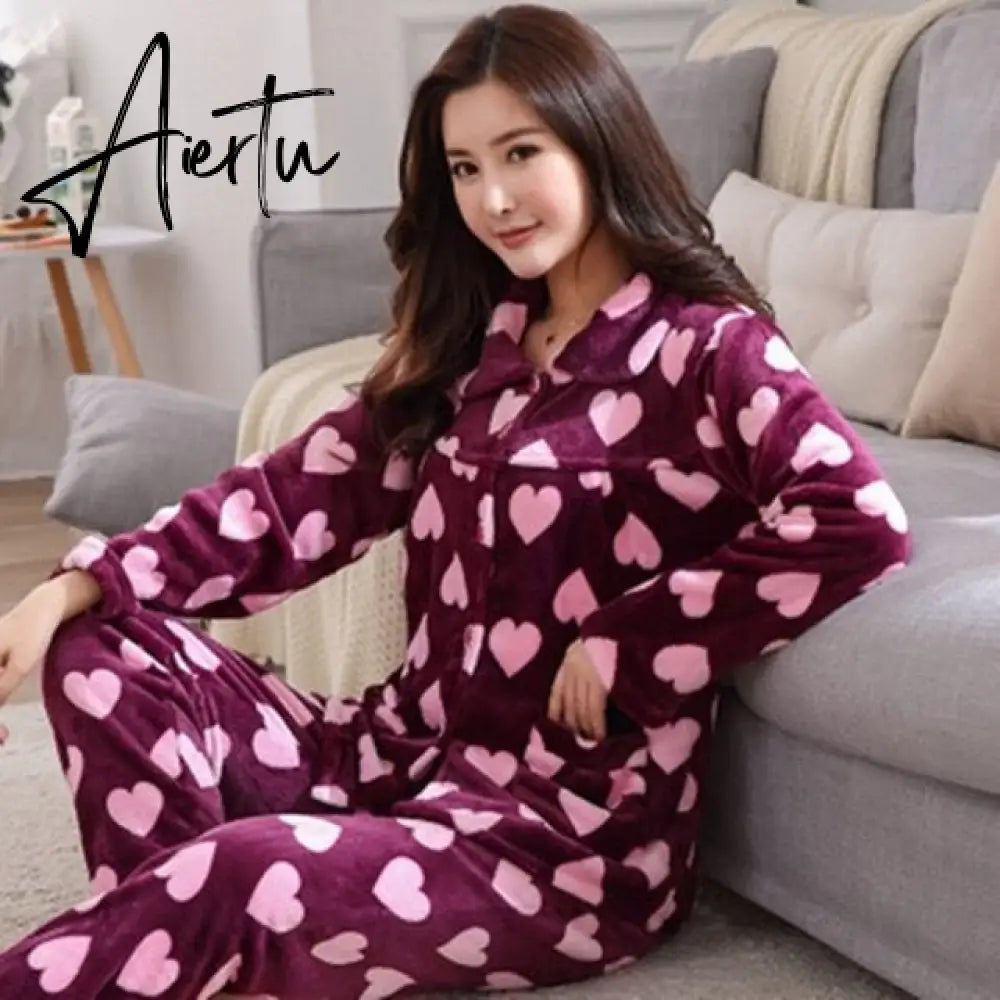 Aiertu Women's Winter Pajamas Set Turn-down Collar Sexy Flower Embroidery Sleepwear Warm Flannel Pajama Casual Mom Big Size Homewear Aiertu