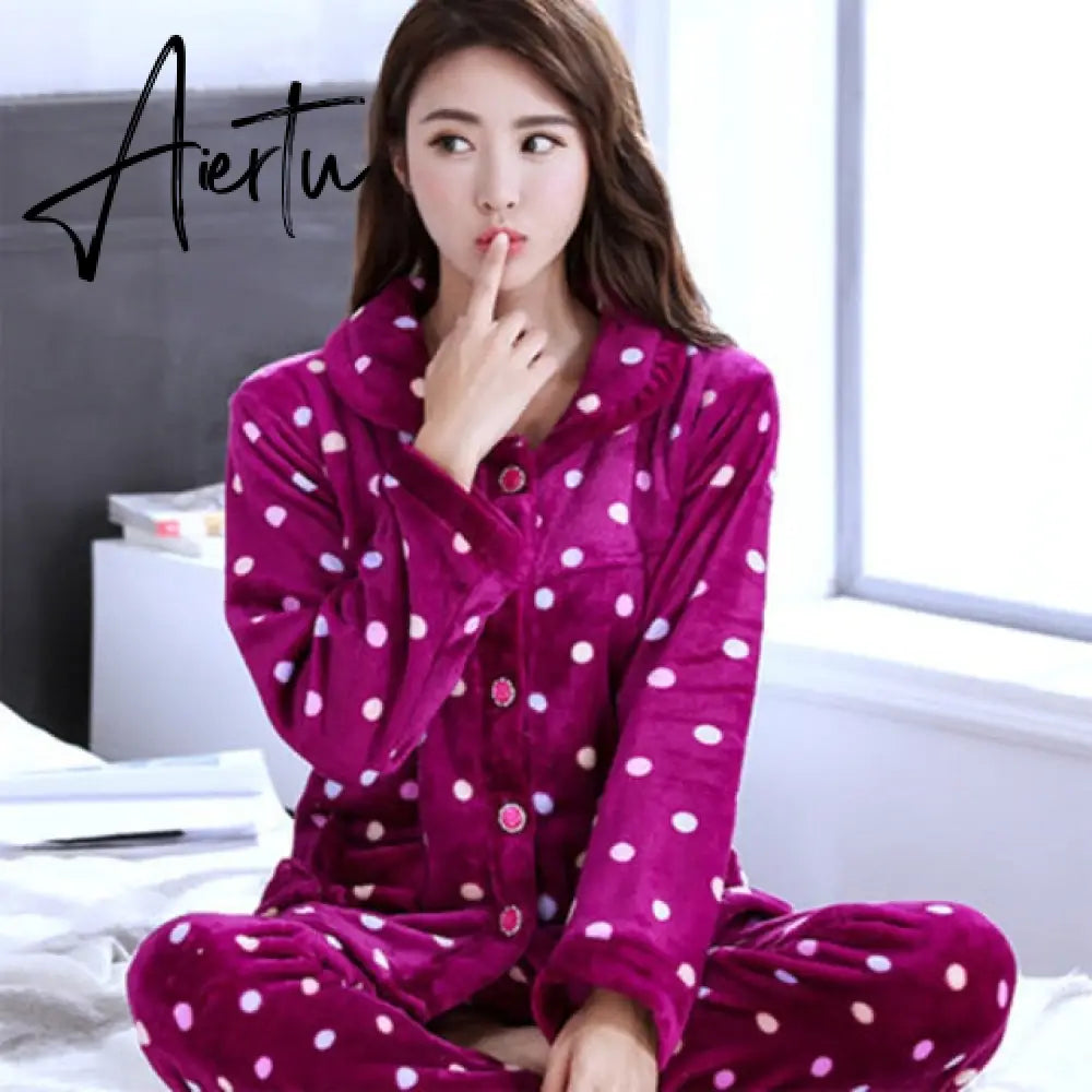 Aiertu Women's Winter Pajamas Set Turn-down Collar Sexy Flower Embroidery Sleepwear Warm Flannel Pajama Casual Mom Big Size Homewear Aiertu