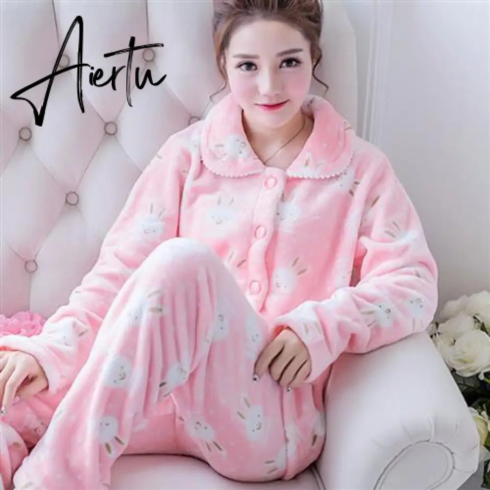 Aiertu Women's Winter Pajamas Set Turn-down Collar Sexy Flower Embroidery Sleepwear Warm Flannel Pajama Casual Mom Big Size Homewear Aiertu